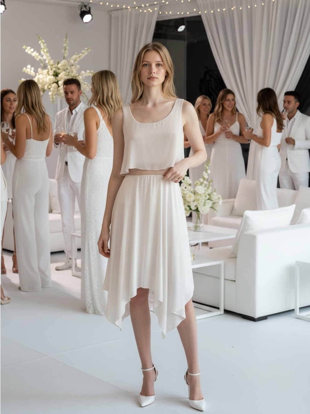 Bailey 44 White Sleeveless Shark Bite Hem 2 Piece Illusion Dress